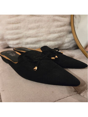 Women's Heel The World Black Suede Mules Size 8 with Gold Bow Detail